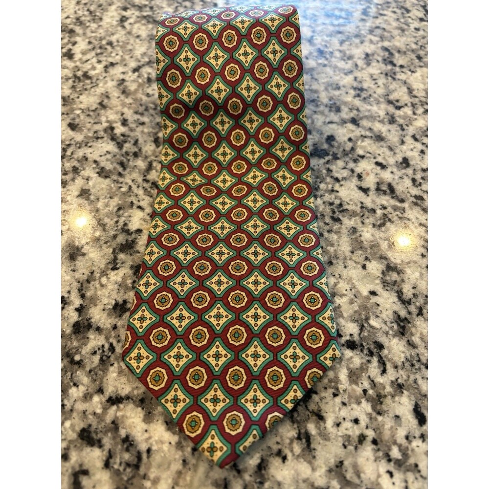 Burberry Tie Mens Silk Geometric Pattern Red Green Gold Made in USA Vintage 90s